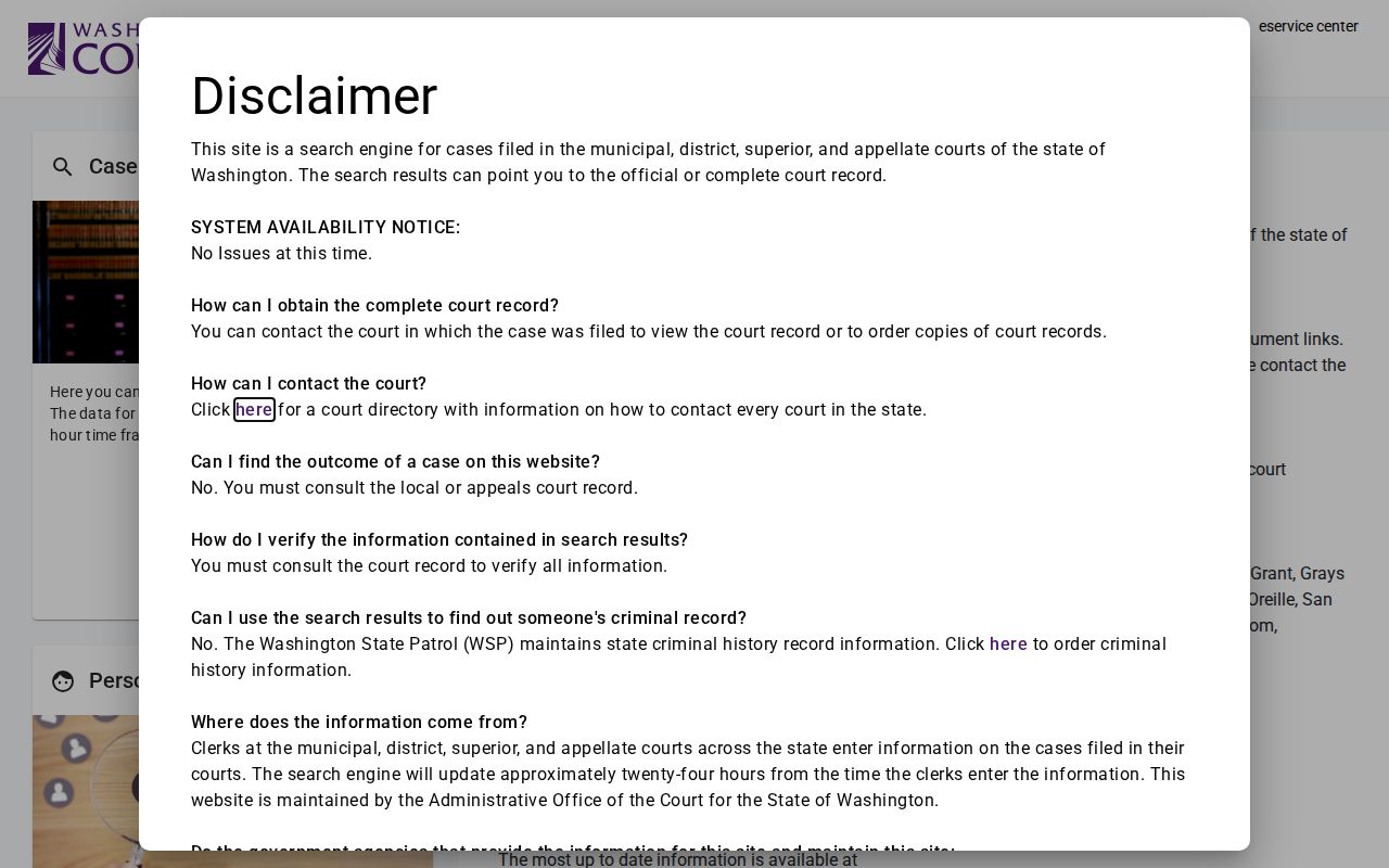 Seattle resident lookup entry points on Washington Courts name and case search